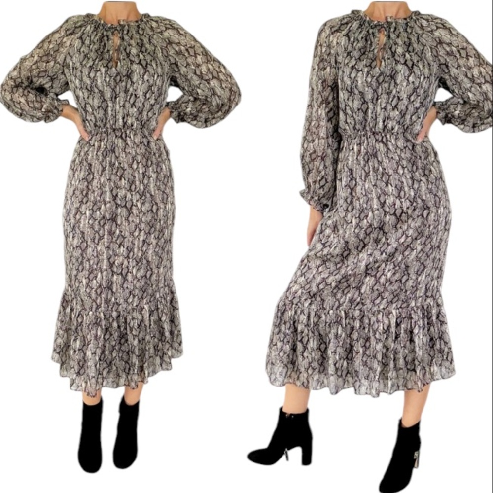 ZARA black metallic gold snake print long sleeve tie neck midi dress size small
